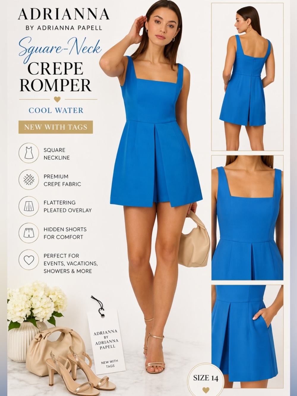 Adrianna Papell ROMPER Blue Square Neck Crepe Size 12 NWT Vacation - Picture 2 of 7
